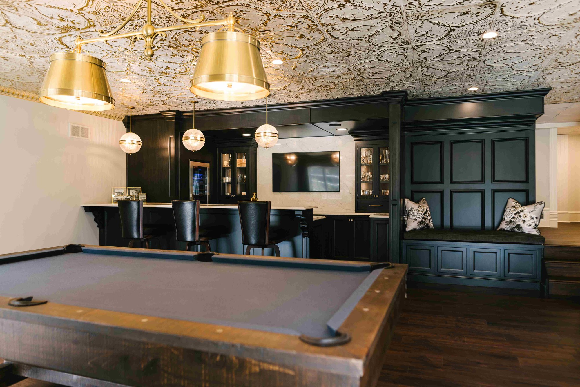 Pool Table and Basement Bar with Statement Ceiling in Northeast Ohio