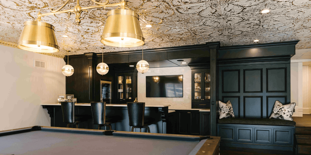 Custom Basement Traditional Bar with Black Woodwork and Pool Table with Statement Ceiling 