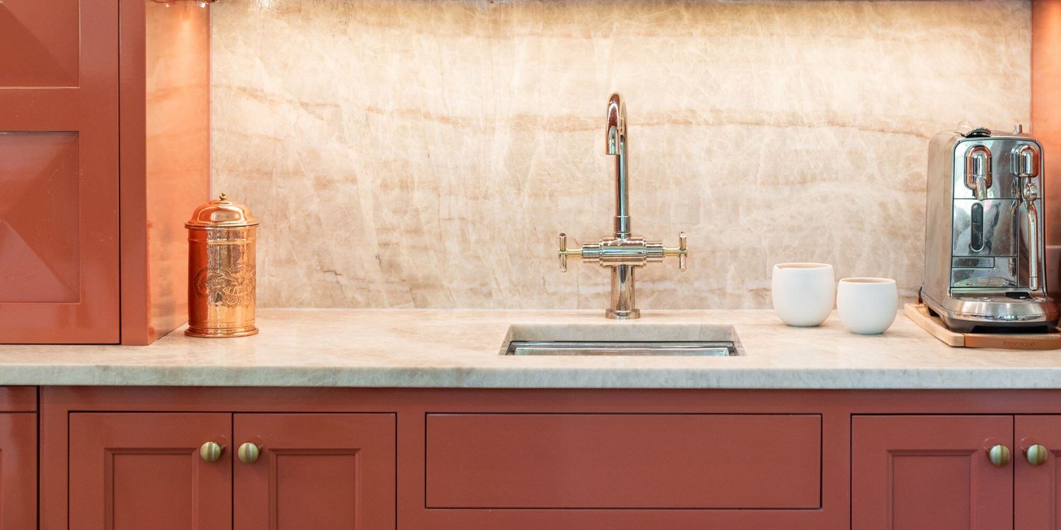 Wet Bar with Pop Of Color and Gorgeous Backsplash in Cleveland Kitchen Remodel