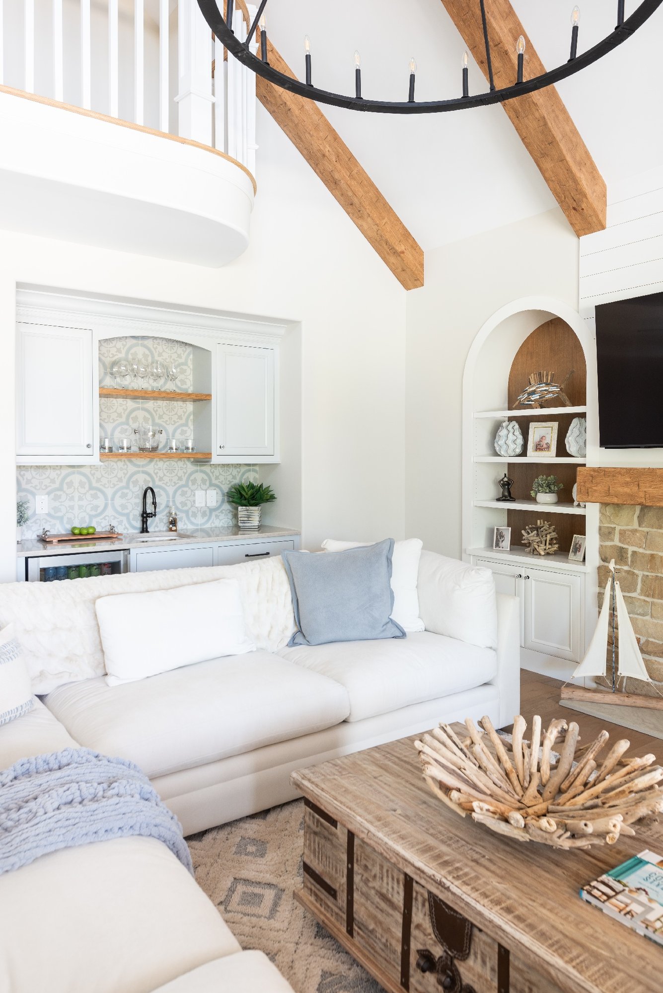 Vaulted Ceiling in Pool House with Hearth