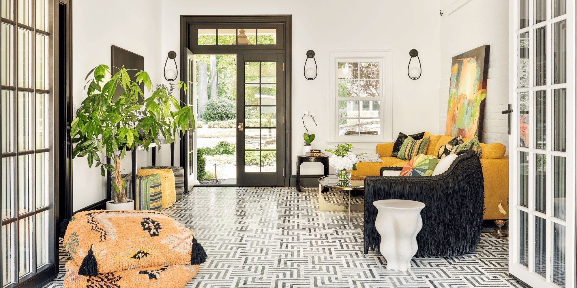 Open Sitting Room Area with French Doors and Tiled Floor