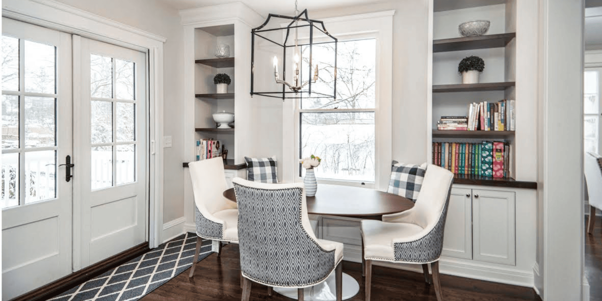 First Floor Renovation Dining Area with French Doors and Built In Shelves