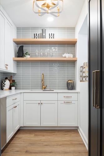 Kitchen Renovation with Back Kitchen and Pantry with Straight Stacked Tile Wall